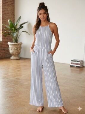 Hollister Co. Striped Halter Neck Wide Leg Jumpsuit